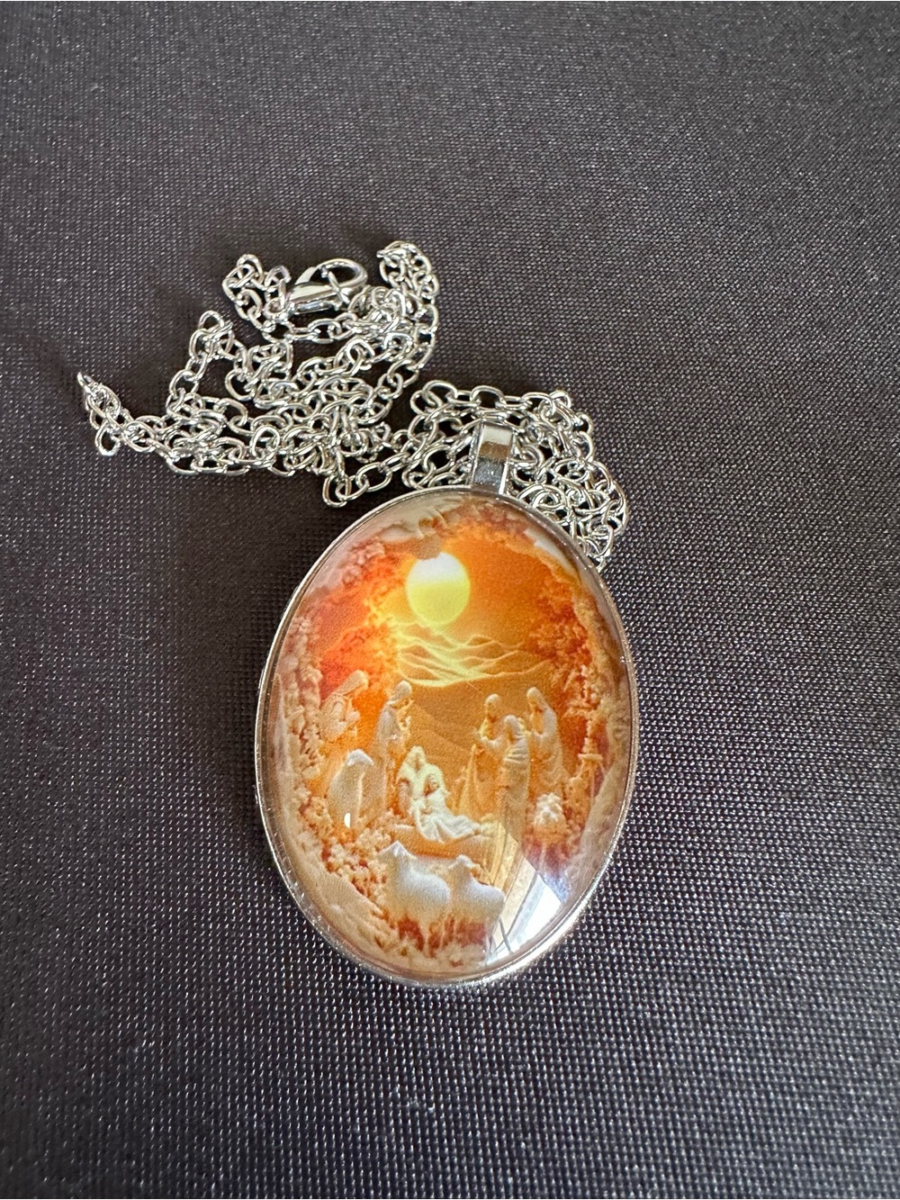 Silver-Tone Orange Nativity Pendant Necklace